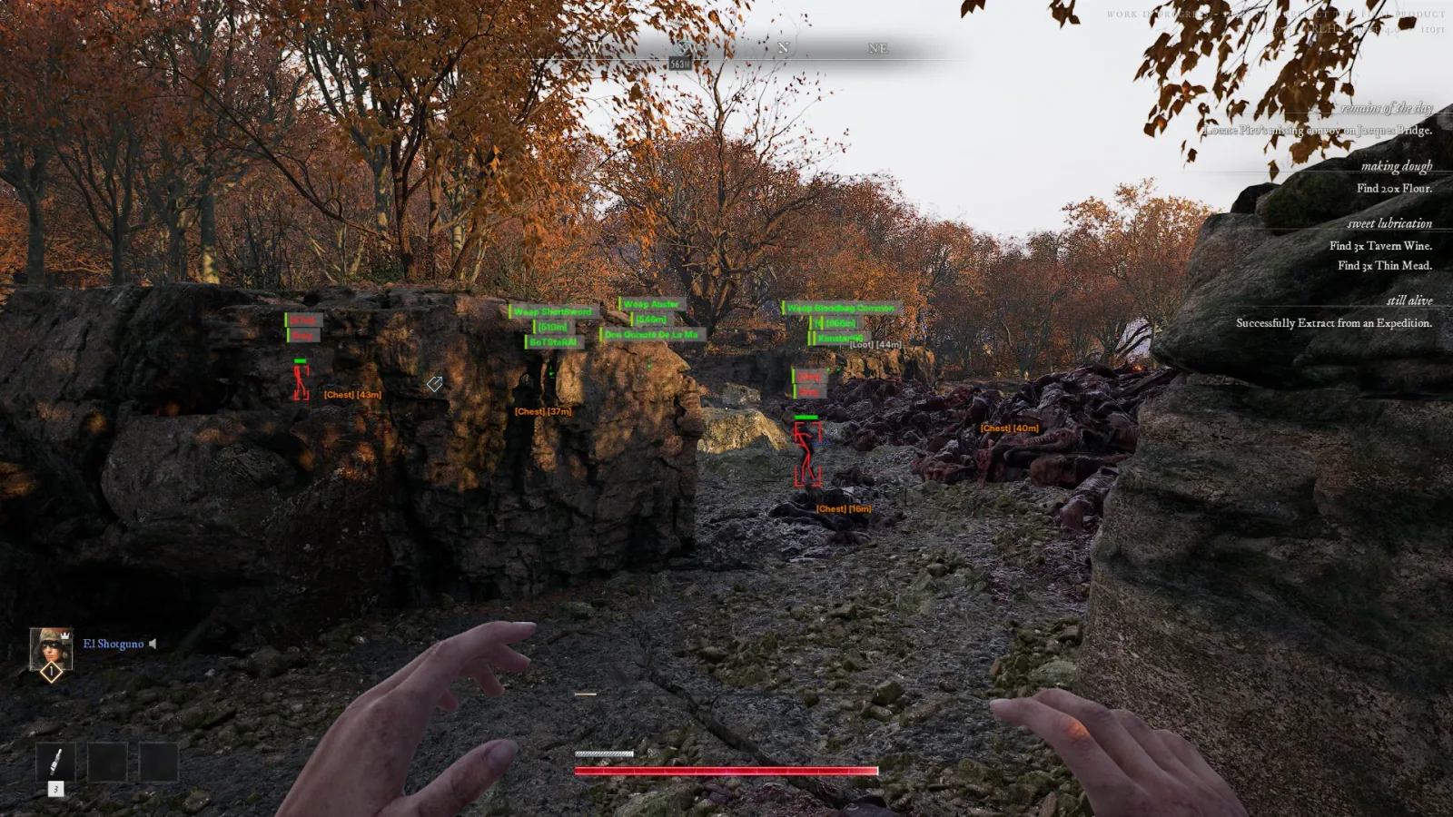 Hunger cheat in game: zombie and chest ESP with distance labels