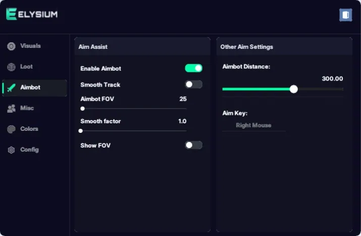 Hunger cheat Aimbot tab: aim assist, smooth track, smooth factor, aimbot FOV, show FOV, distance and aim key