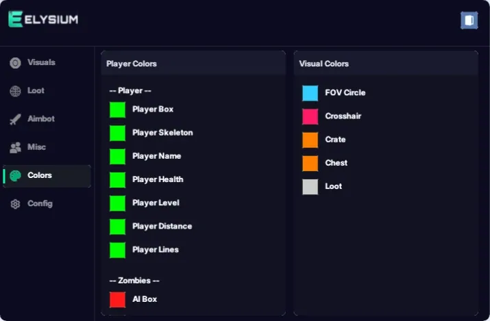 Hunger cheat Colors tab: player, zombie, FOV circle, crate, chest and loot colors