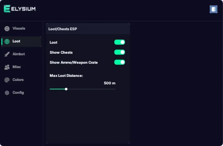 Hunger cheat Loot tab: loot ESP, chests, ammo and weapon crates and max loot distance