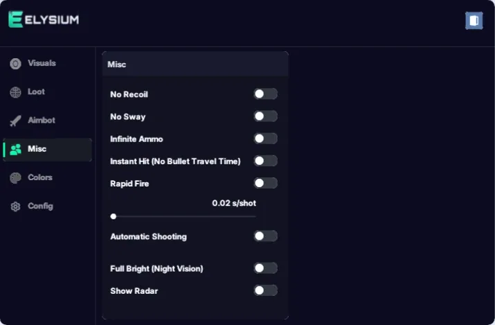 Hunger cheat Misc tab: no recoil, no sway, infinite ammo, instant hit, rapid fire, automatic shooting, full bright and radar